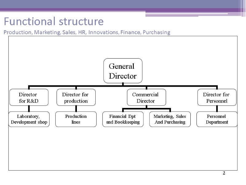 2 Functional structure Production, Marketing, Sales, HR, Innovations, Finance, Purchasing